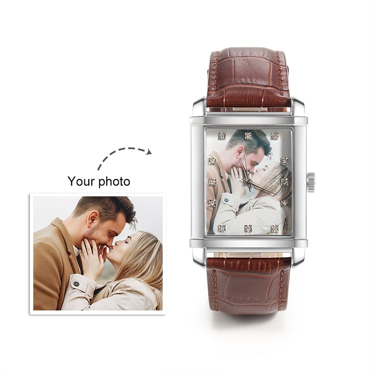Men's Personalized Engraved Photo Watch Brown Leather Strap