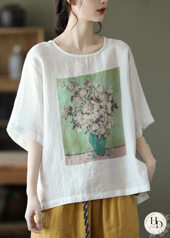 Plus Size White O-Neck Print Linen T Shirt Half Sleeve