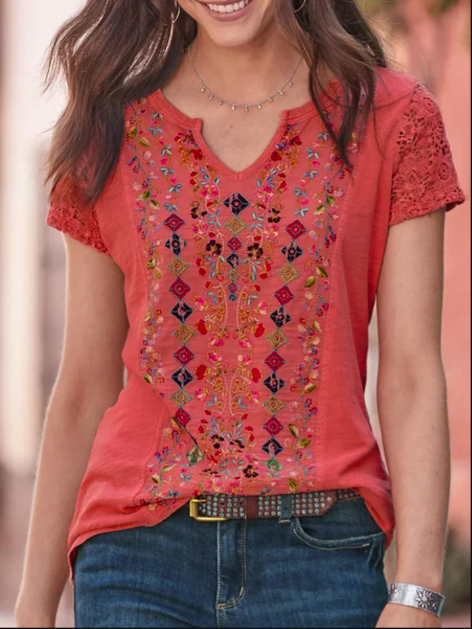 Women Vintage Boho Plain Crew Neck T-shirt