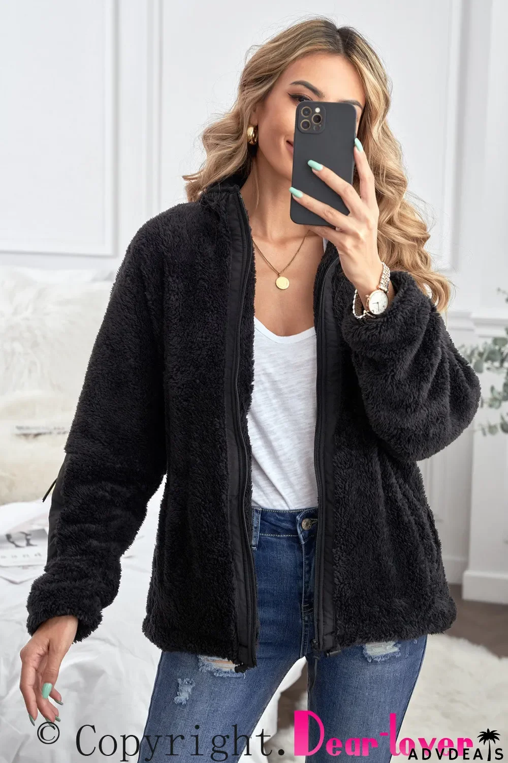 Zip Up Sherpa Coat With Pocket