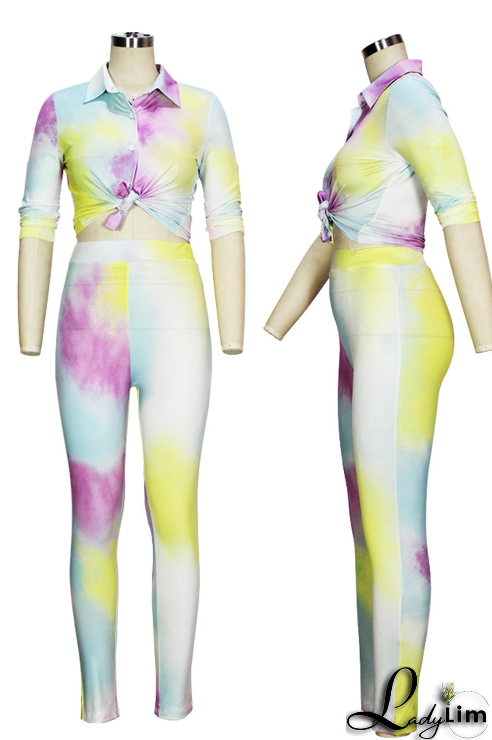 Yellow Sexy Patchwork Tie-dye Turndown Collar Long Sleeve Two Pieces