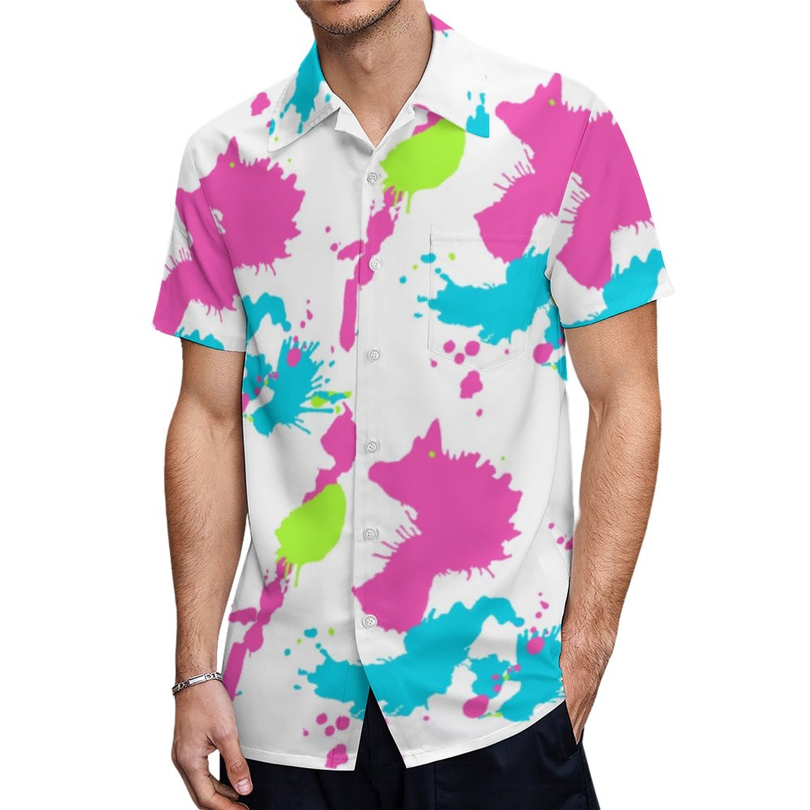 Abstract Retro 80S Neon Paint Splatter Colorful Hawaiian Shirt Mens Button Down Tropical Hawaii Beach Shirts