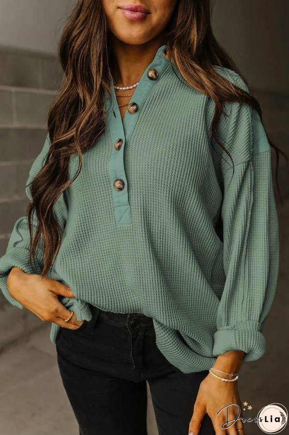 Smoke Green Waffle Patchwork Drop Sleeve Henley Top