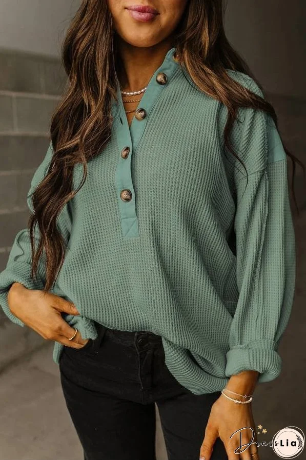 Smoke Green Waffle Patchwork Drop Sleeve Henley Top