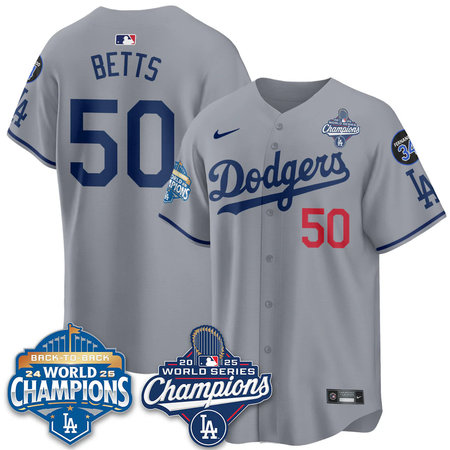 Men's Los Angeles Dodgers #50 Mookie Betts Gray 2025 World Series Champions Jersey