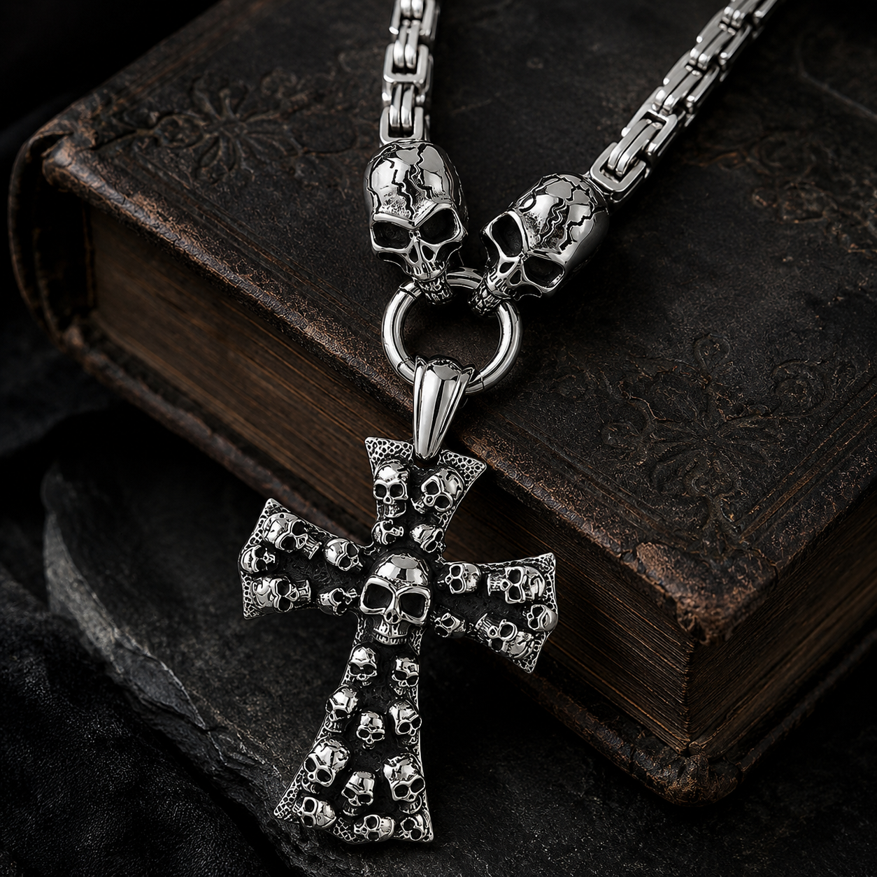 Heavy‑Duty Stacked Skull Cross Byzantine Chain Necklace