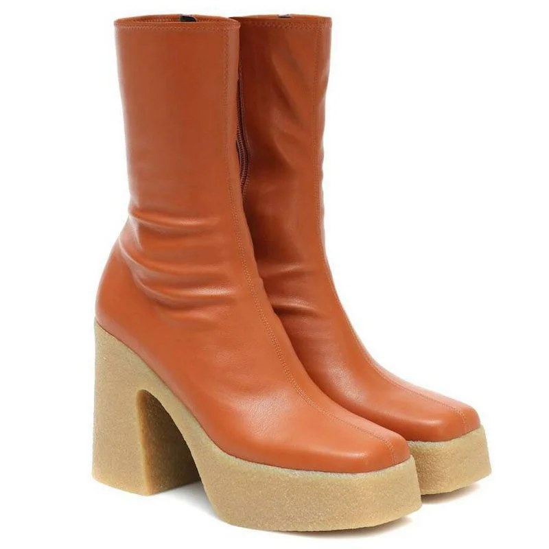 Women's thick-soled waterproof platform square Toe Elastic British style thin knight high-heeled large-size Vintage Mid Calf  boots Novameme
