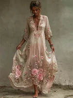 Classy Pink Roses Embroidered Flowy Linen Maxi Dress