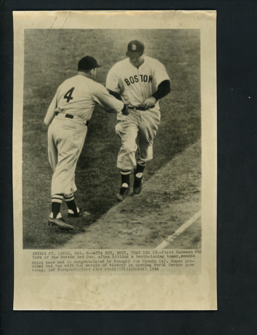 Rudy York HOME RUN Game 1 1946 World Series Press Photo Poster painting Boston Red Sox Cronin