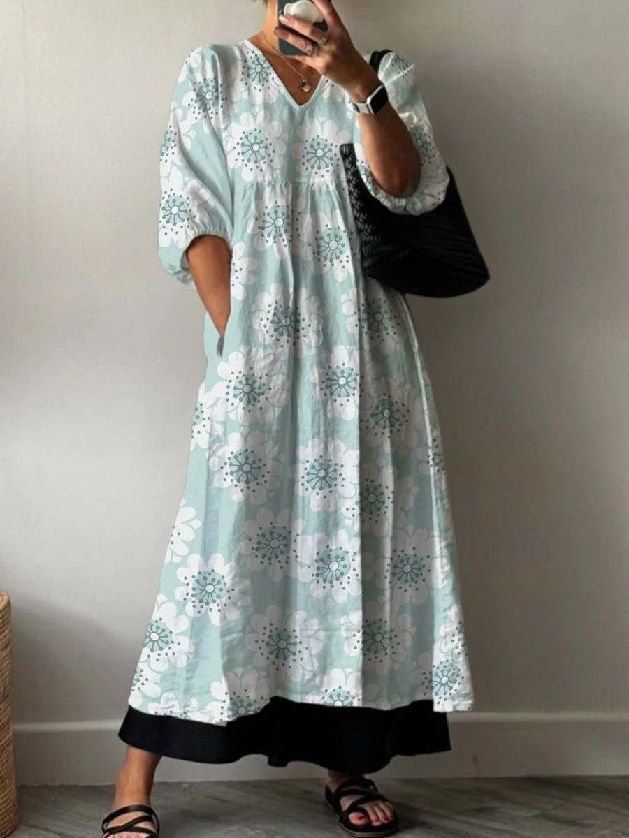 White Flower Decorative Pattern Pocket V-neck Cotton Dress