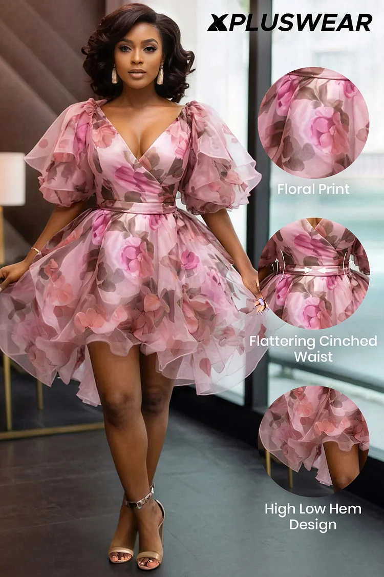 Xpluswear Design Plus Size Cocktail Party Pink Floral Wrap Neck Short Sleeve Irregular Hem Chiffon Mini Dresses [Pre-Order]