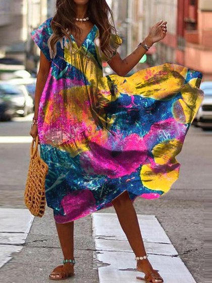 Casual Ombre/tie-Dye Casual Short Sleeve Weaving Dress D150- Fabulory