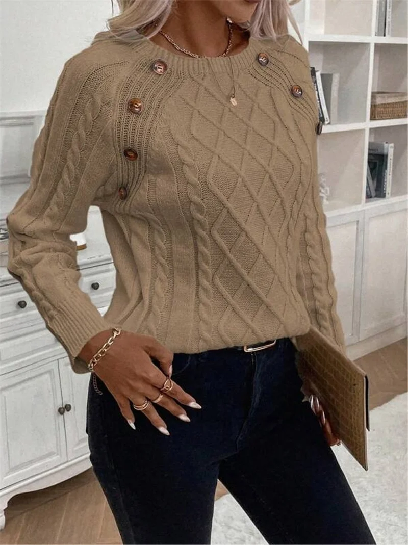 Athvotar Athvotar And Winter Button Design With Shoulder Sleeves Stifling Knitted Round-Neck Sweater