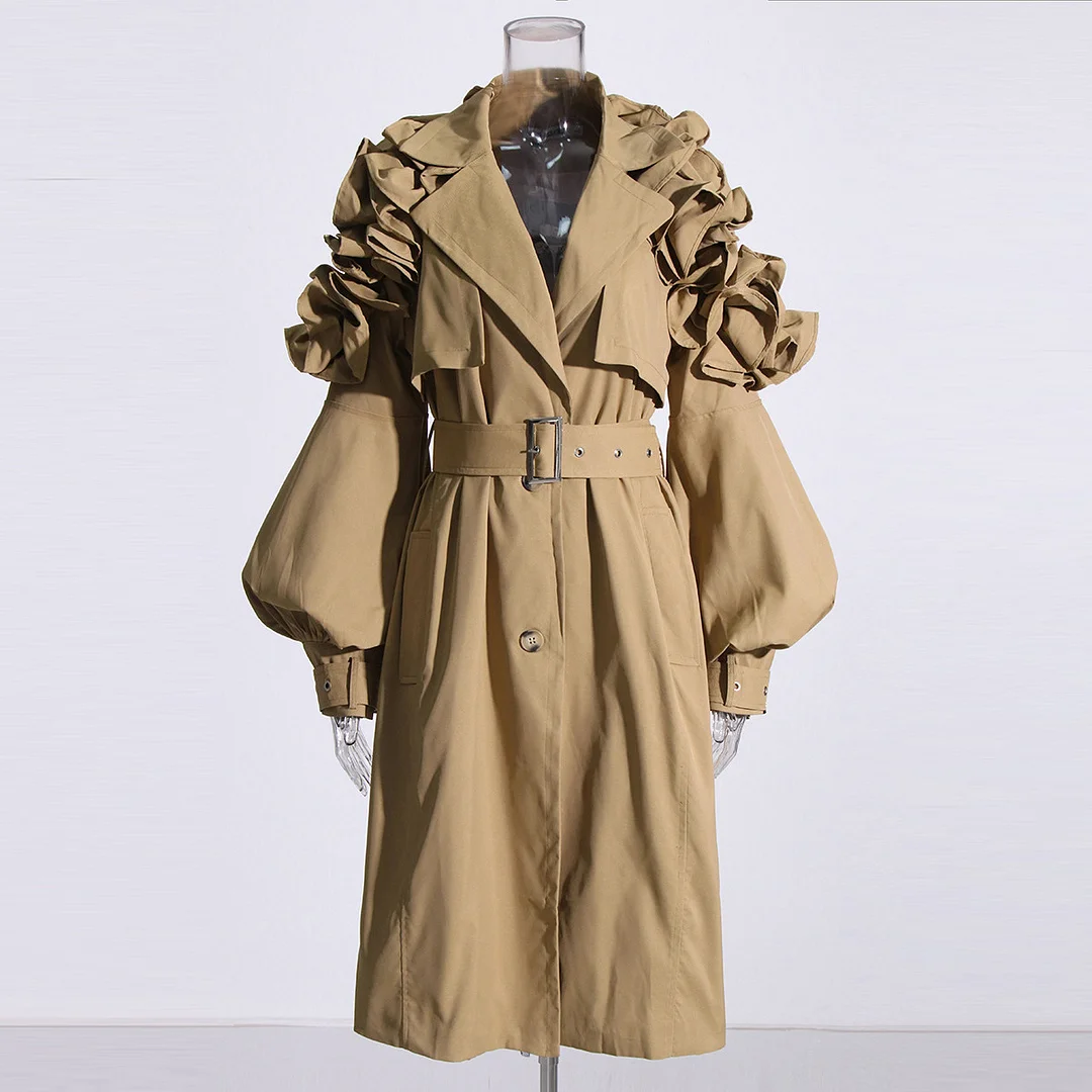 Toloer Toloer Sister Wind 2024 Autumn New Advanced Sense Fold Splicing Bubble Sleeve Closed Waist Long Solid Color Coat Windbreaker-Outfit Ideas