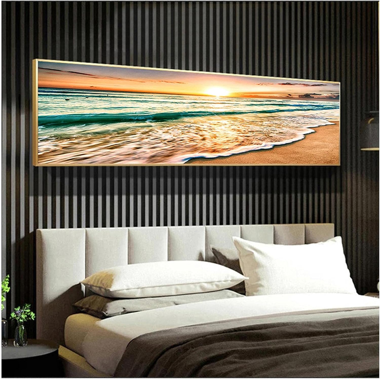 Canvas Artwork Mediterran Scandinavian Wall Art Picture for Living Room Natural Long Beach Sunset Landscape Prints Painting 65x195cm(25.6x76.8in) Frameless Frameless