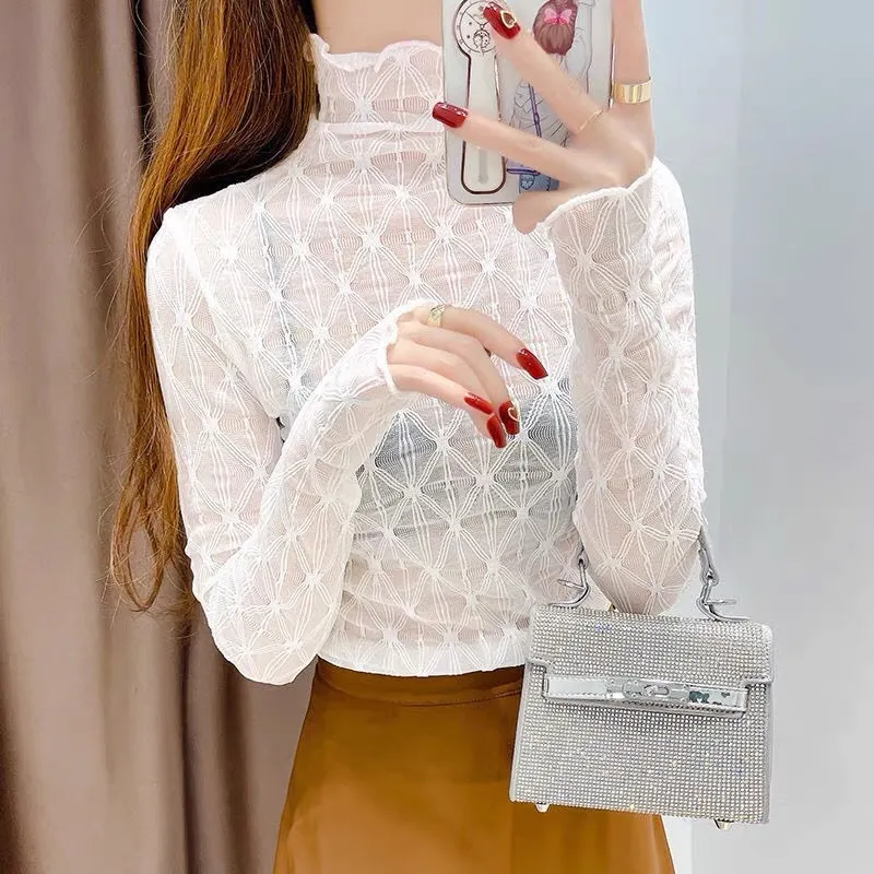 Uveng Uveng Temperament High-Neck Net Yarn Bottoming Shirt Women Autumn And Winter Wooden Ears Thin Permeable Yarn Long-Sleeved Lace Tops
