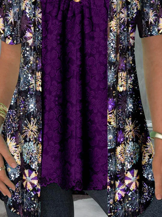 Women's Short Sleeve V-neck Floral Printed Graphic Lace Stitching Graphic Buttons Top