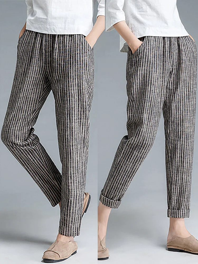 Plus Size Stripe Cotton Linen Women Pants