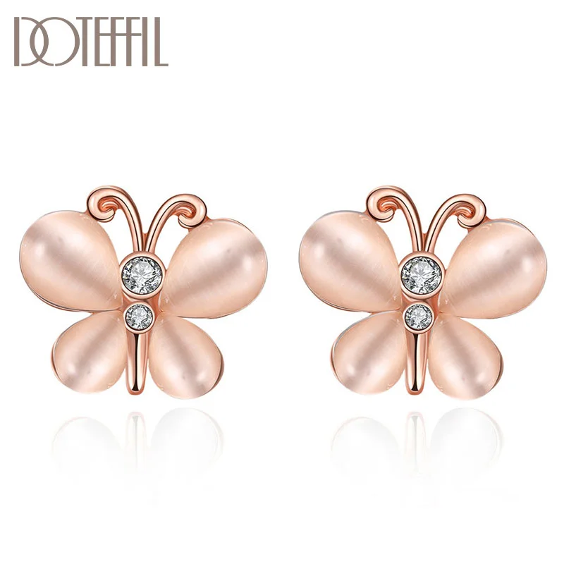 DOTEFFIL 925 Sterling Silver Rose Gold Butterfly AAA Zircon Earring For Woman Jewelry