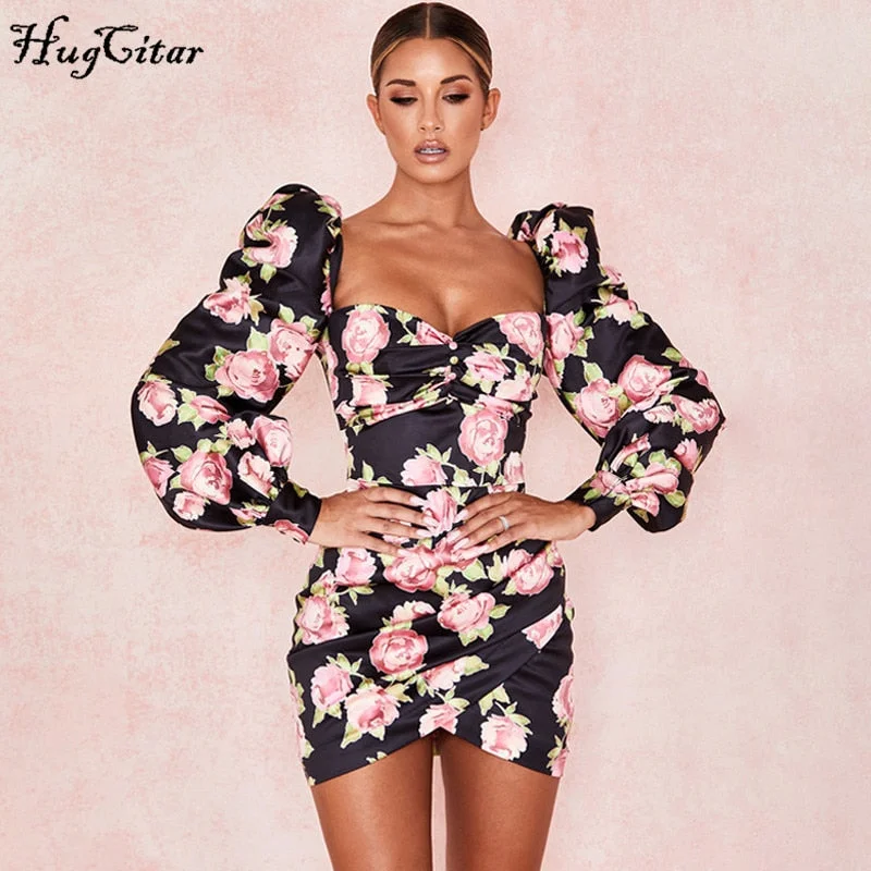 Hugcitar 2021 Rose Floral Print Long Puff Sleeve Ruched Sexy Mini Dress Autumn Winter Women Party Elegant Streetwear Outfits