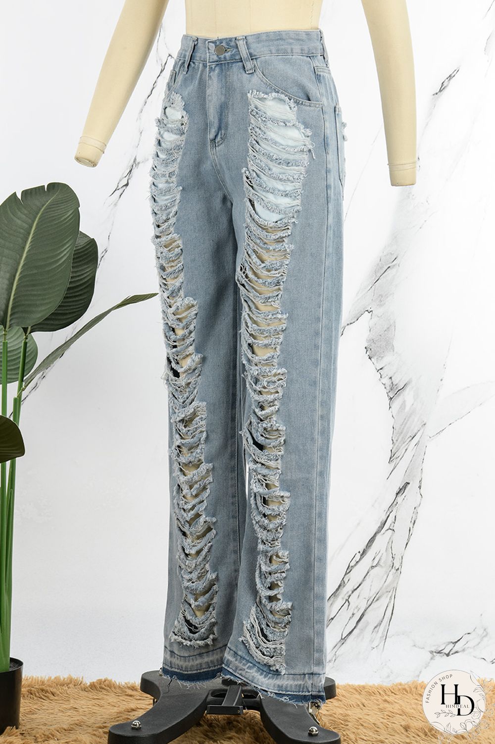 Sky Blue Street Solid Ripped Make Old Patchwork High Waist Denim Jeans