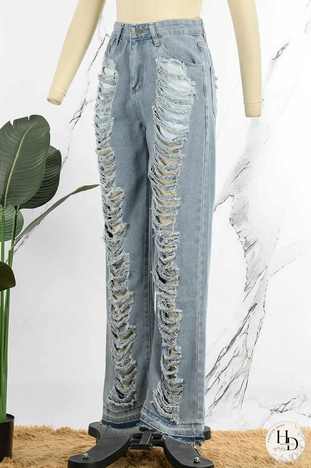 Sky Blue Street Solid Ripped Make Old Patchwork High Waist Denim Jeans