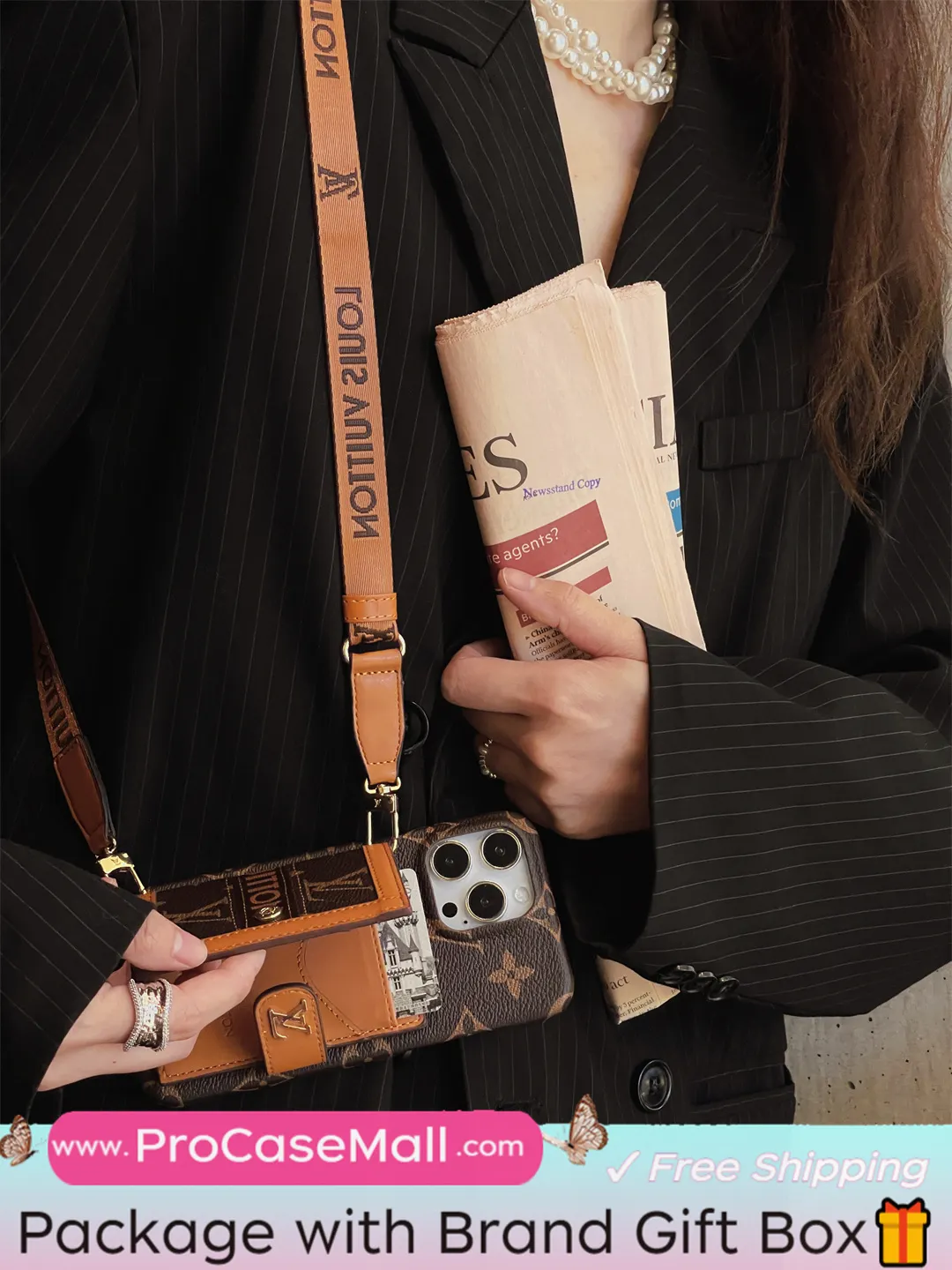 LV Canvas Leather Wallet Card Holder Crossbody Apple iPhone Case