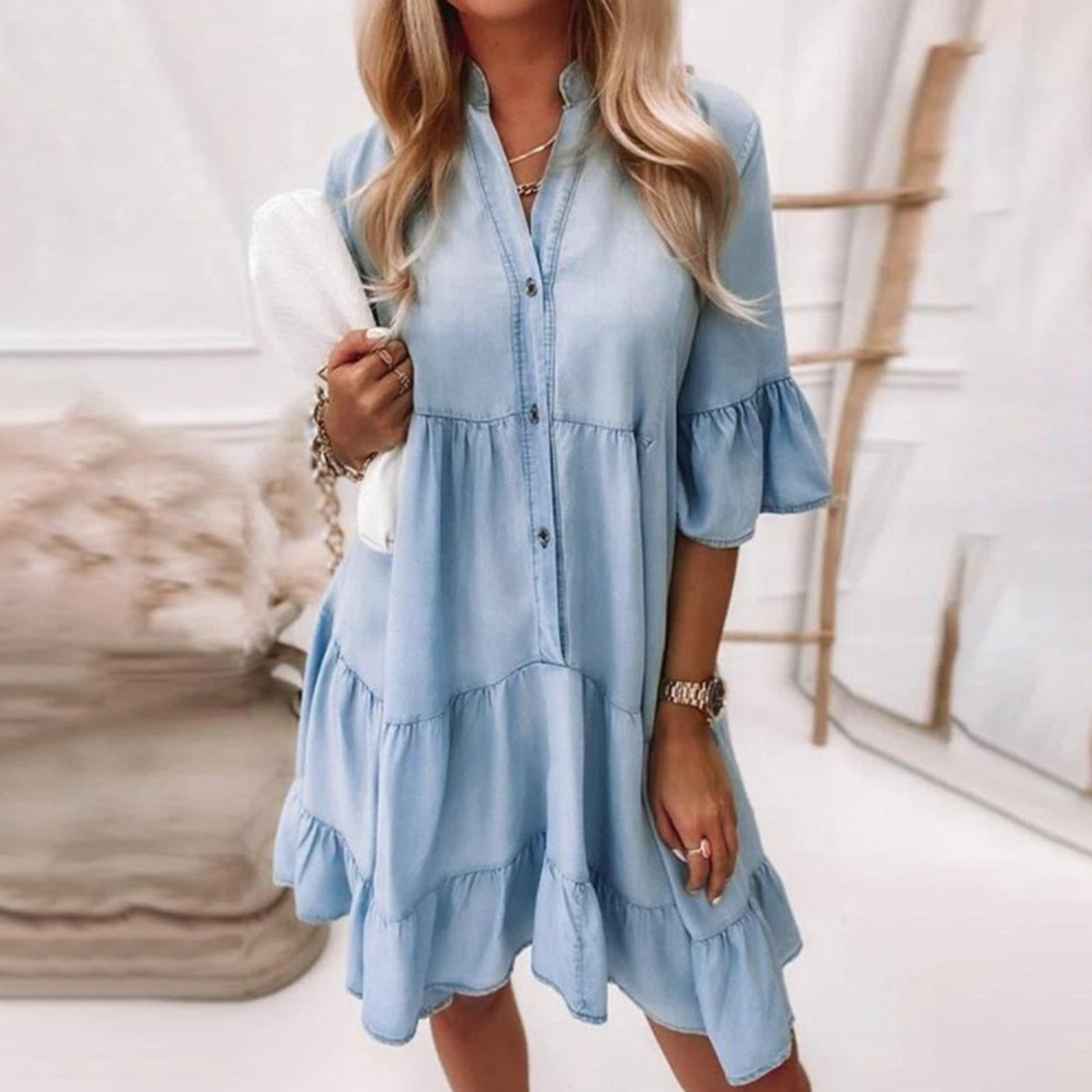 Distressed Denim Midi Dress With 5/8 Sleeves Casual Dress With Belt Solid Color Luxury Women'S Elegant Dress Holidays Beach