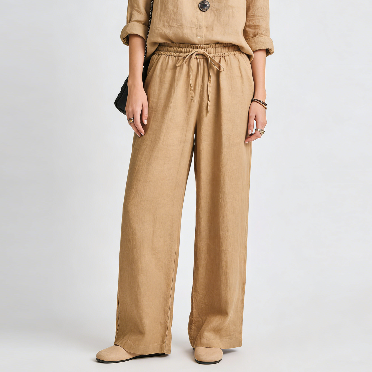 Linen Long Pants Women 100% Linen Drawstring Wide Leg Trousers REAL SILK LIFE