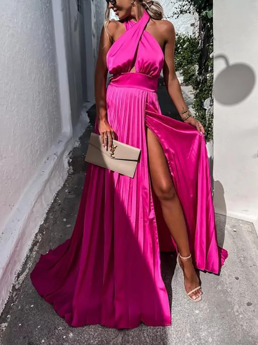Sleeveless Cross Halter Slit Maxi Dress