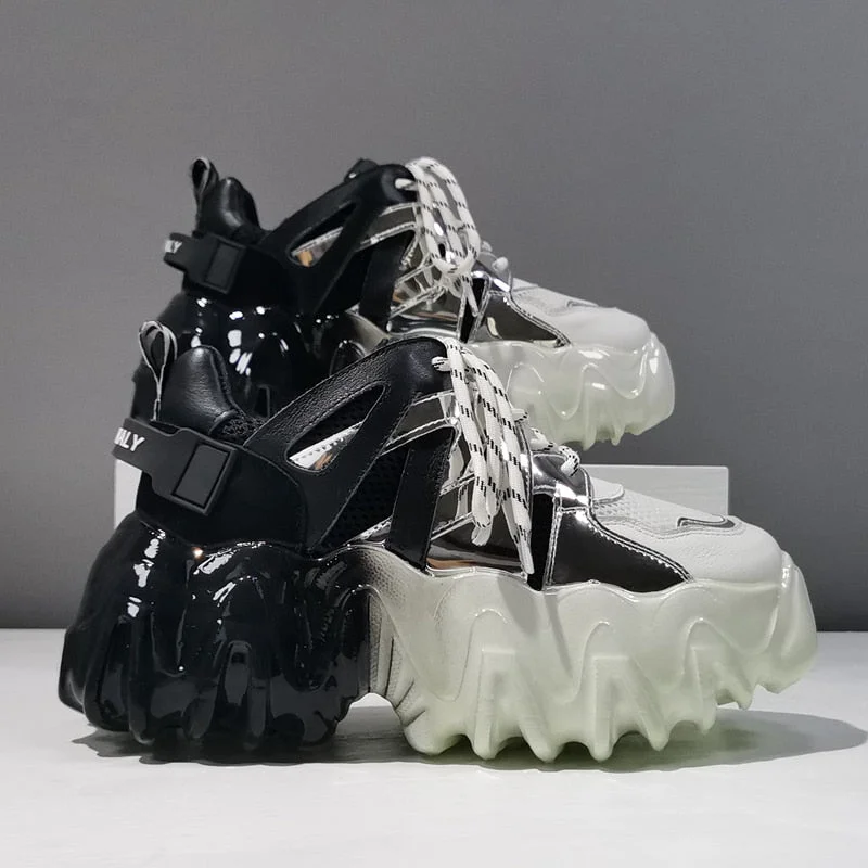 Women Sneakers Genuine Leather Mesh Stitching Crystal Jelly Flat Platform Girl Shoes Lace-Up Thick Bottom Cool Zapatos De Mujer