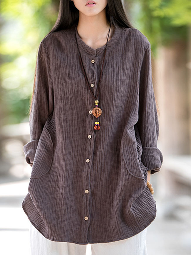 Women Cotton Casual Loose Solid Vintage Blouse