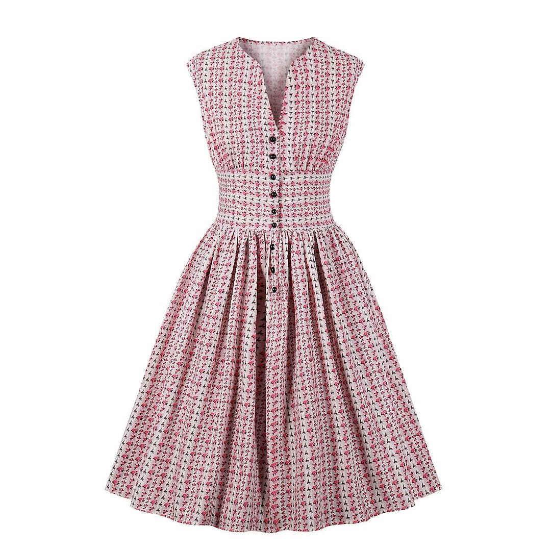 Women's Split Neck Floral Button 1940s Day 1950s Vintage Tea Dress