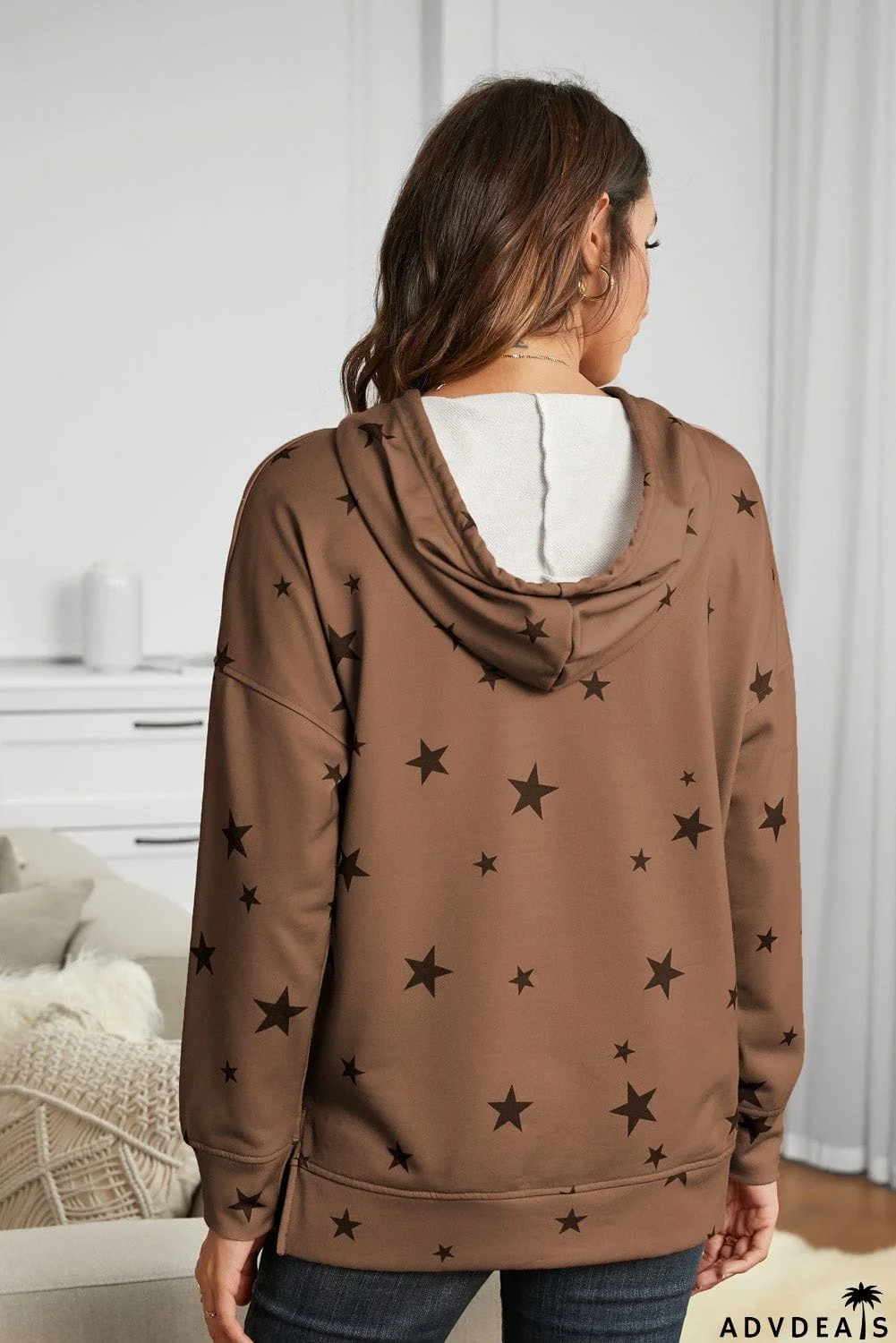 Women's Khaki Star Print Hoodie with Side Slits
