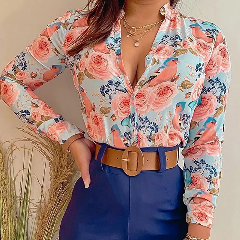 Women Vintage Floral Print Lacing Blouse Shirt Autumn Long Sleeve Sexy V Neck Ladies Top Casual Button Female Fashion Slim Blusa