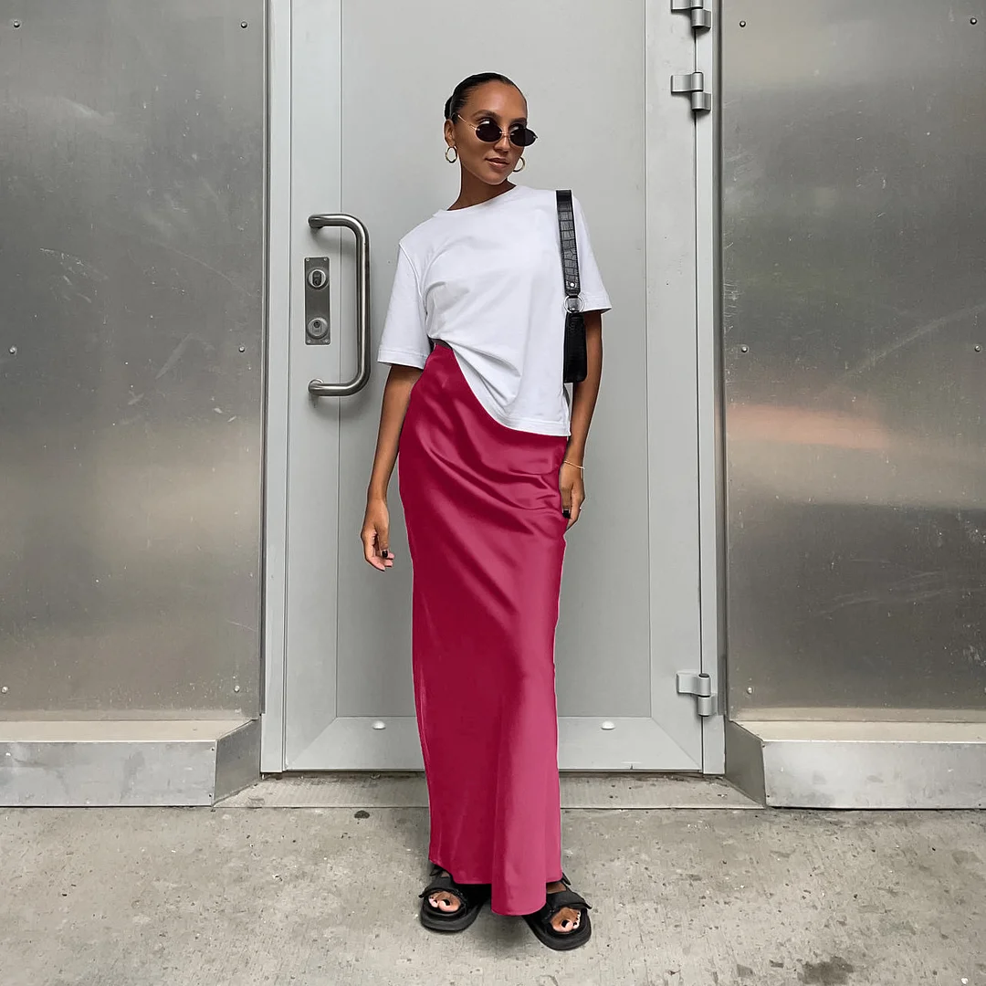 Uveng Uveng And Summer New Simulation Silk Skirt Satin Bread Hip Skirt Women Casual Color Tintail Skirt