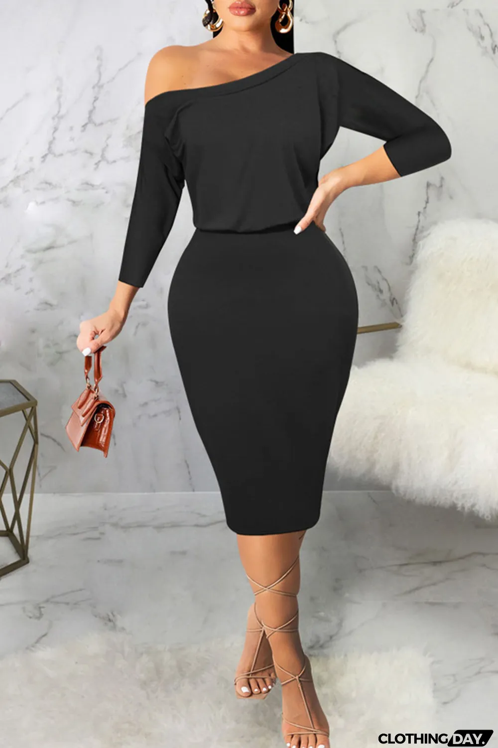 Black Casual Solid Split Joint Off the Shoulder One Step Skirt Dresses