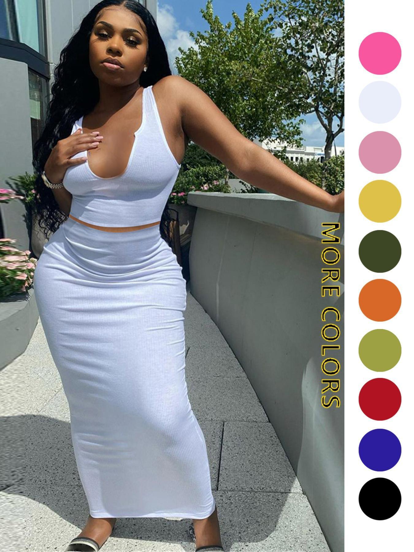 Two-piece Set Women's Solid Notched Neck Crop Tank Top & High Waist Bodycon Skirt Set, Casual Slim Sleeveless Top & Long Skirt, Ladies Summer Clothes for Daily Wear, Outfit Sets Women, Summer Outfits Set Two-piece Set Women's Solid Notched Neck Crop Tank Top & High Waist Bodycon Skirt Set, Casual Slim Sleeveless Top & Long Skirt, Ladies Summer Clothes for Daily Wear, Outfit Sets Women, Summer Outfits Set
