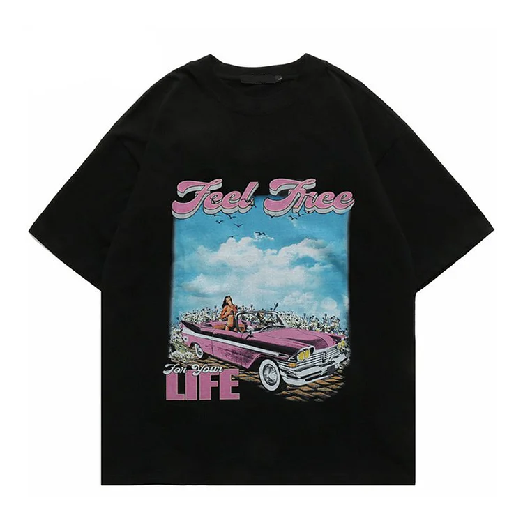 Hip Hop Harajuku Streetwear Car Daisy Printed T-Shirt at Hiphopee