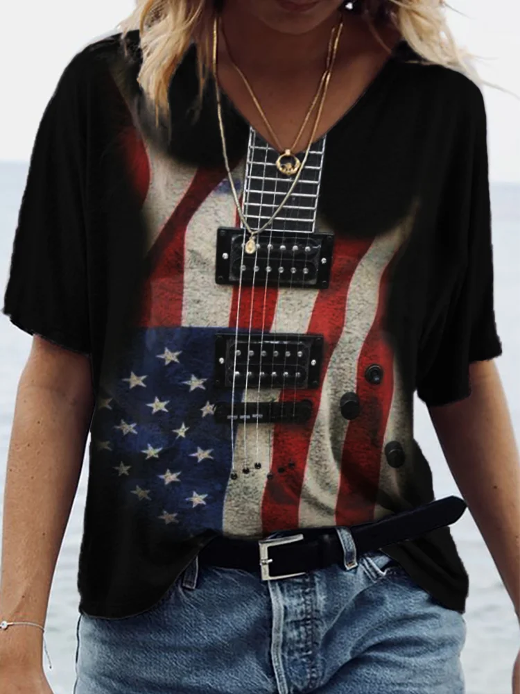 American Flag Inspired Guitar Graphic V Neck T Shirt
