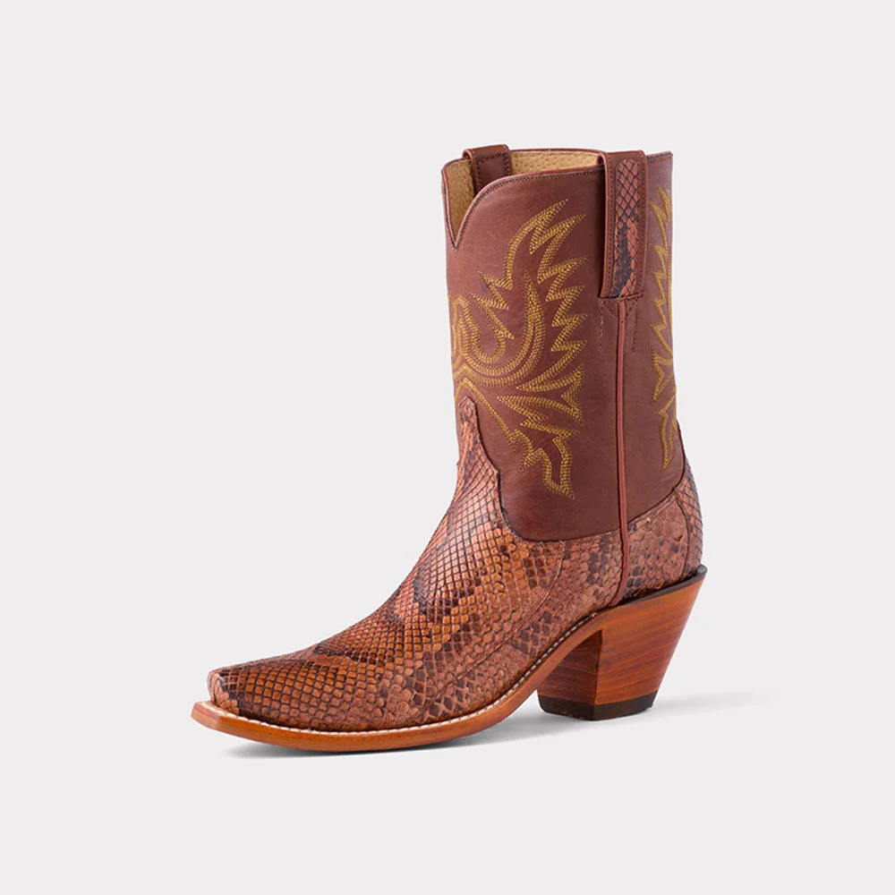 Brown Python-Embossed Stacked Heel Embroidered Cowboy Boots for Women