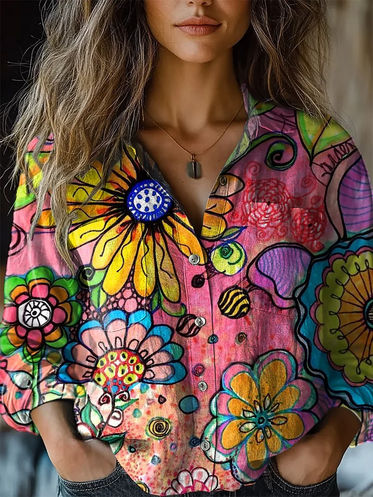 Women's Colorful Flower Graffiti Print Casual Long Sleeve Comfortable Cotton Shirt