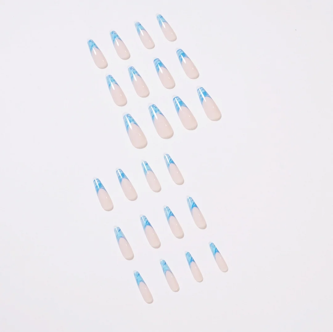 24Pcs/Set French Blue Waves Design False Nail French Full Cover Fake Nails Glue DIY Manicure Nail Art Tools-Nail Inspo