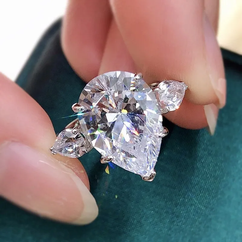 100% 925 Sterling Silver Sparkling 10*14mm Pear Multicolor High Carbon Diamond Wedding Rings For Women Fine Jewery Gifts 005