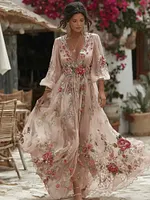 Women's Vintage Floral Embroidered Linen Blend Dress