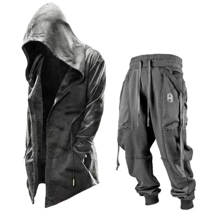 Men's Outerwear Stand Collar Zipper Pocket Letter Print Hooded Coat Two Pieces Pants Set