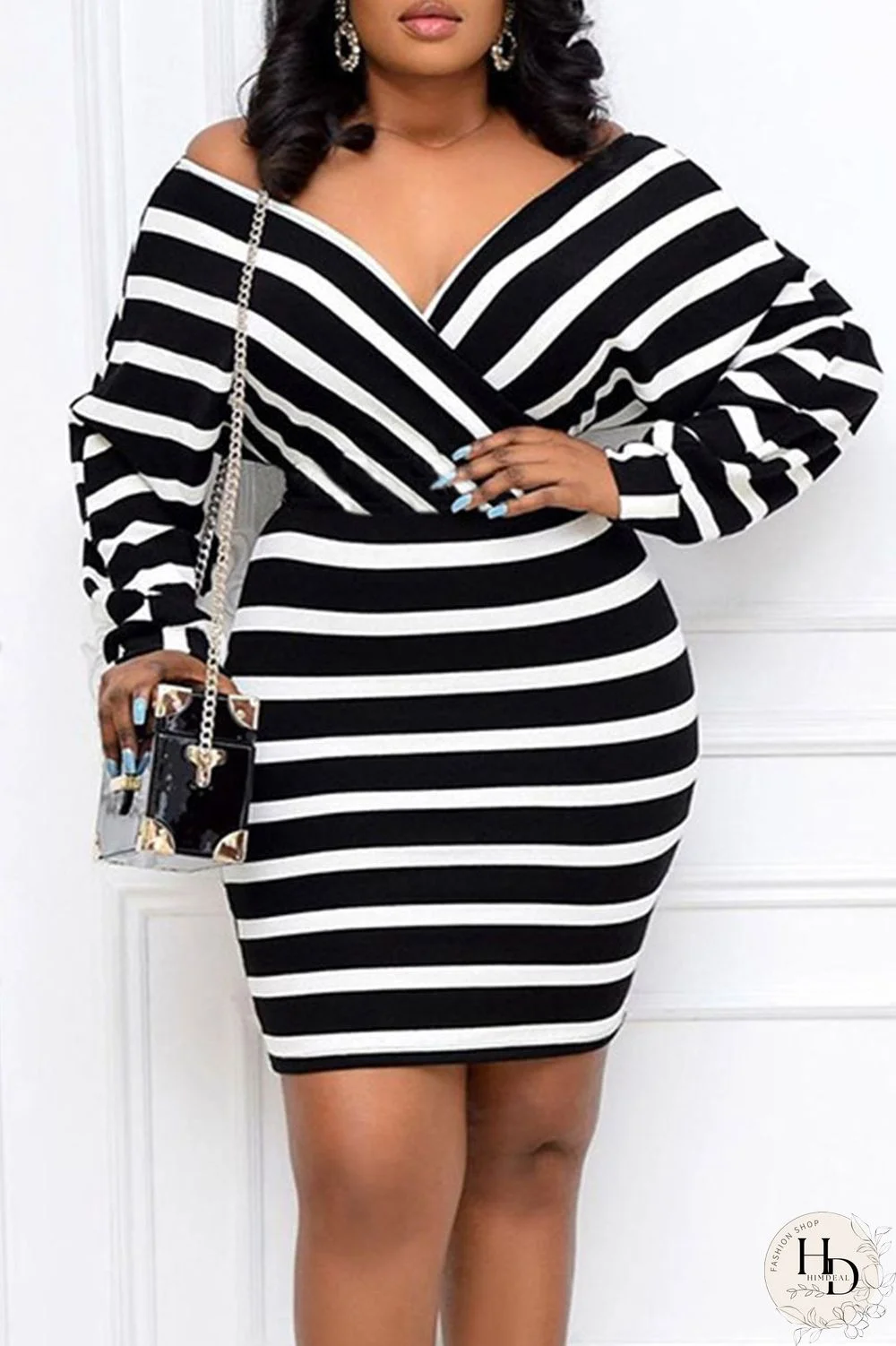 White Casual Striped Print Patchwork V Neck Pencil Skirt Plus Size Dresses