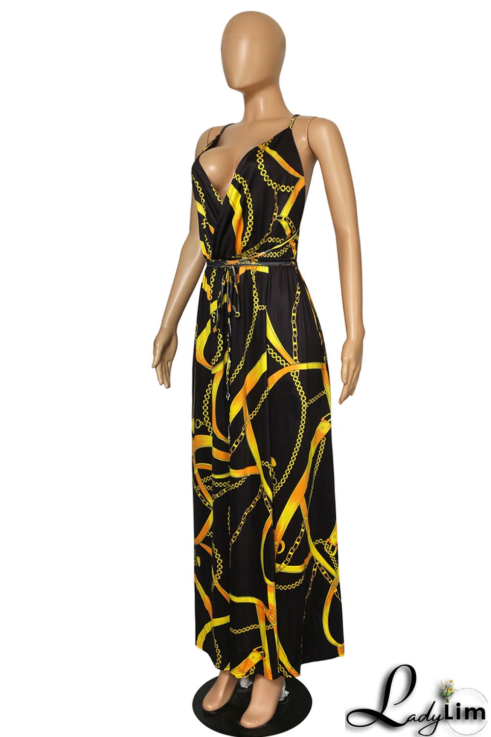 Black Fashion Sexy Plus Size Print Bandage Backless Slit Spaghetti Strap Long Dress