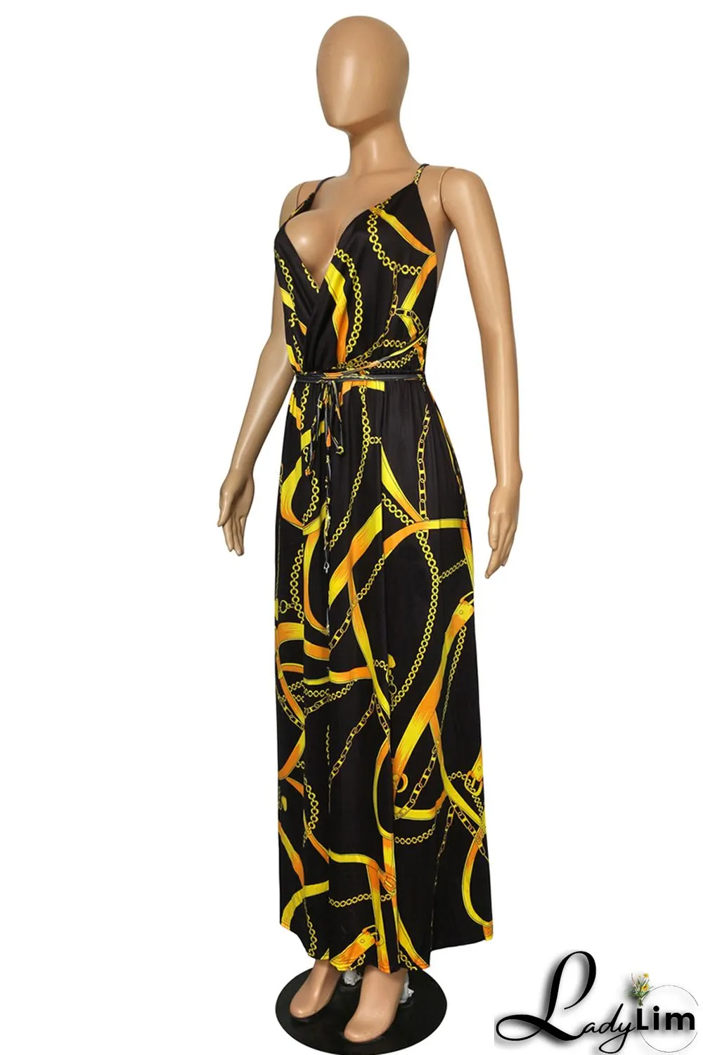 Black Fashion Sexy Plus Size Print Bandage Backless Slit Spaghetti Strap Long Dress