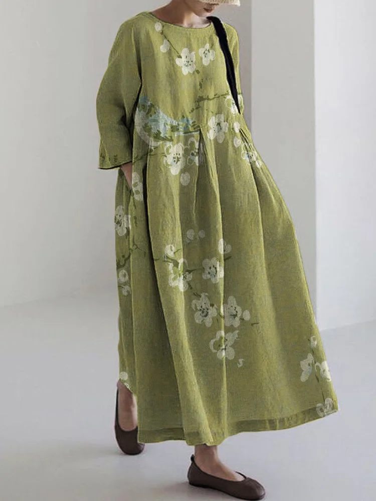 Bird on Plum Blossom Branches Japanese Linen Blend Maxi Dress